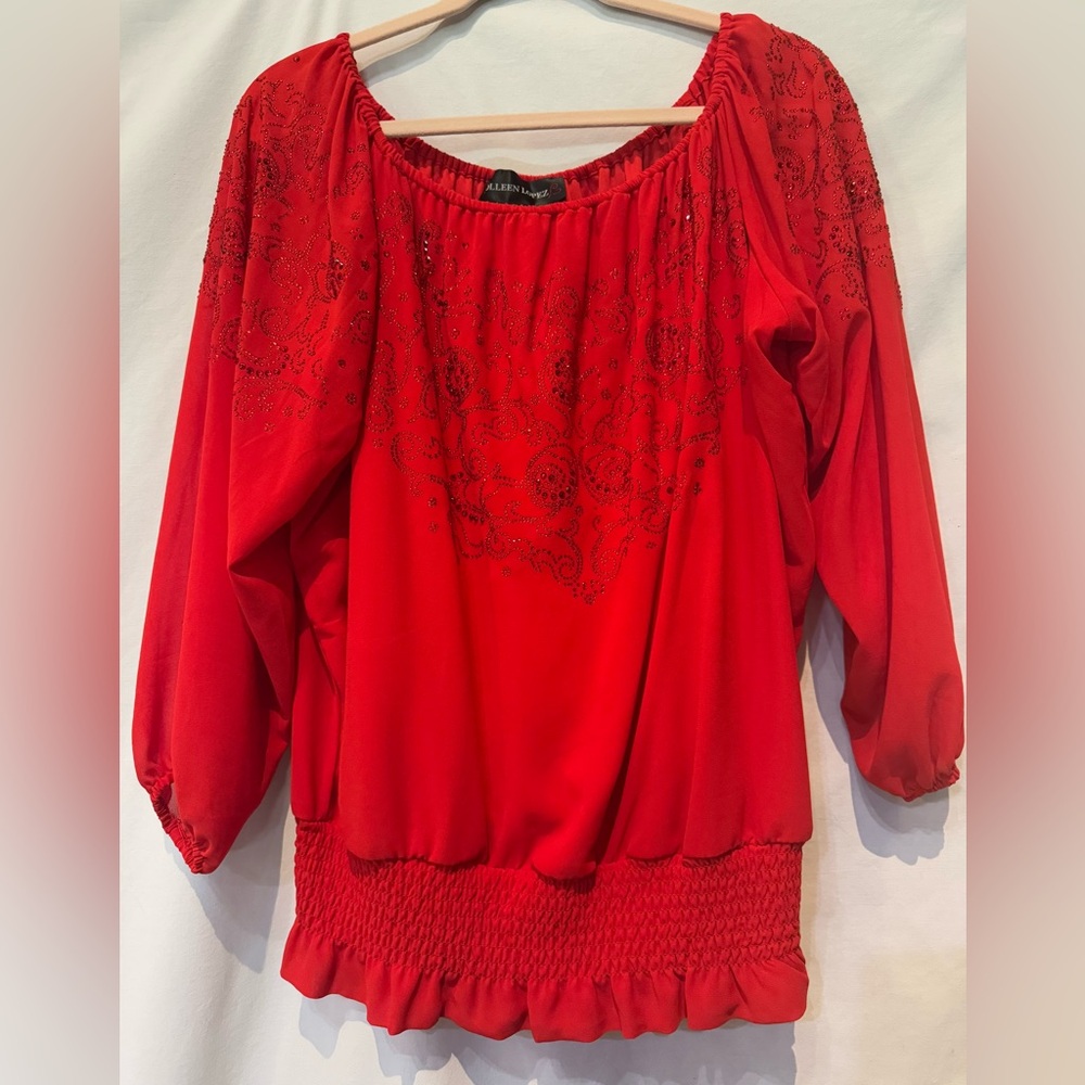 NWOT - Gorgeous Colleen Lopez Vibrant Red Crystal Rhinestone Embellished Blouse